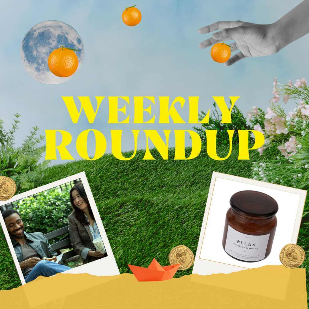 The image includes a big text that says weekly roundup with colourful illustrations and the images of mr and mrs smith and a kmart candle surrounding it