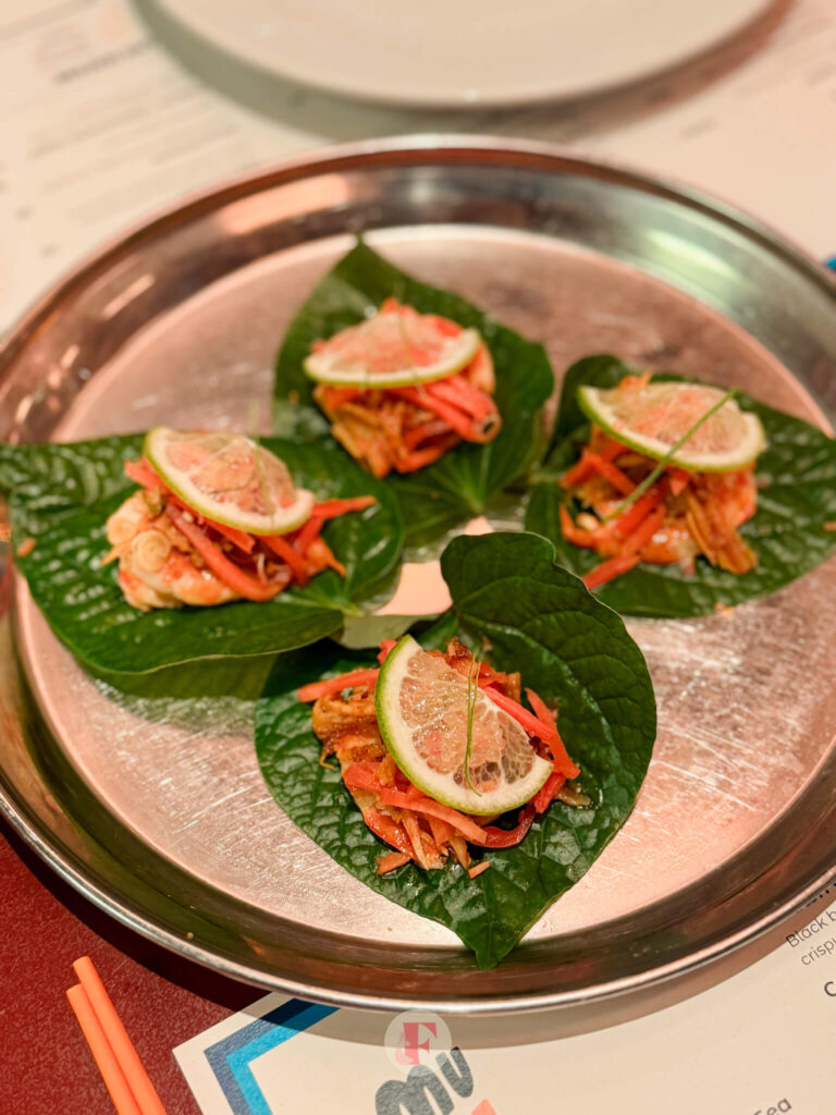 Shot of Prawn betel leaf