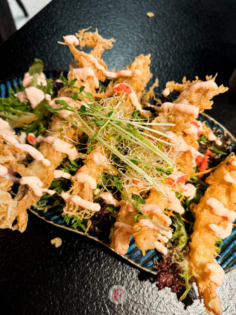 photo of prawn tempura dirzzled with fish roe mayonnaise